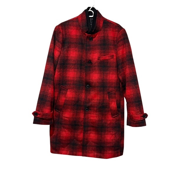 INC International Concepts Red and Black Plaid Pea Coat size L - Picture 1 of 15